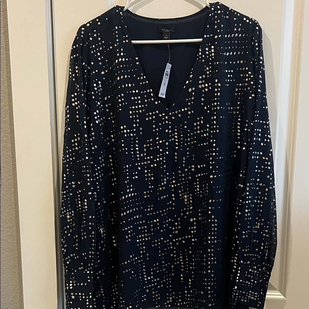 Ann Taylor Navy & Metallic Gold Spot Tunic Style Top, Perfect for Parties BNWT